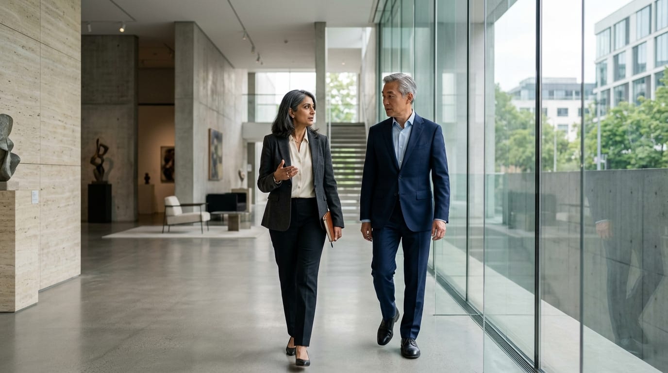 Deux dirigeants en tenue professionnelle discutant stratégie dans le hall lumineux d'un immeuble moderne